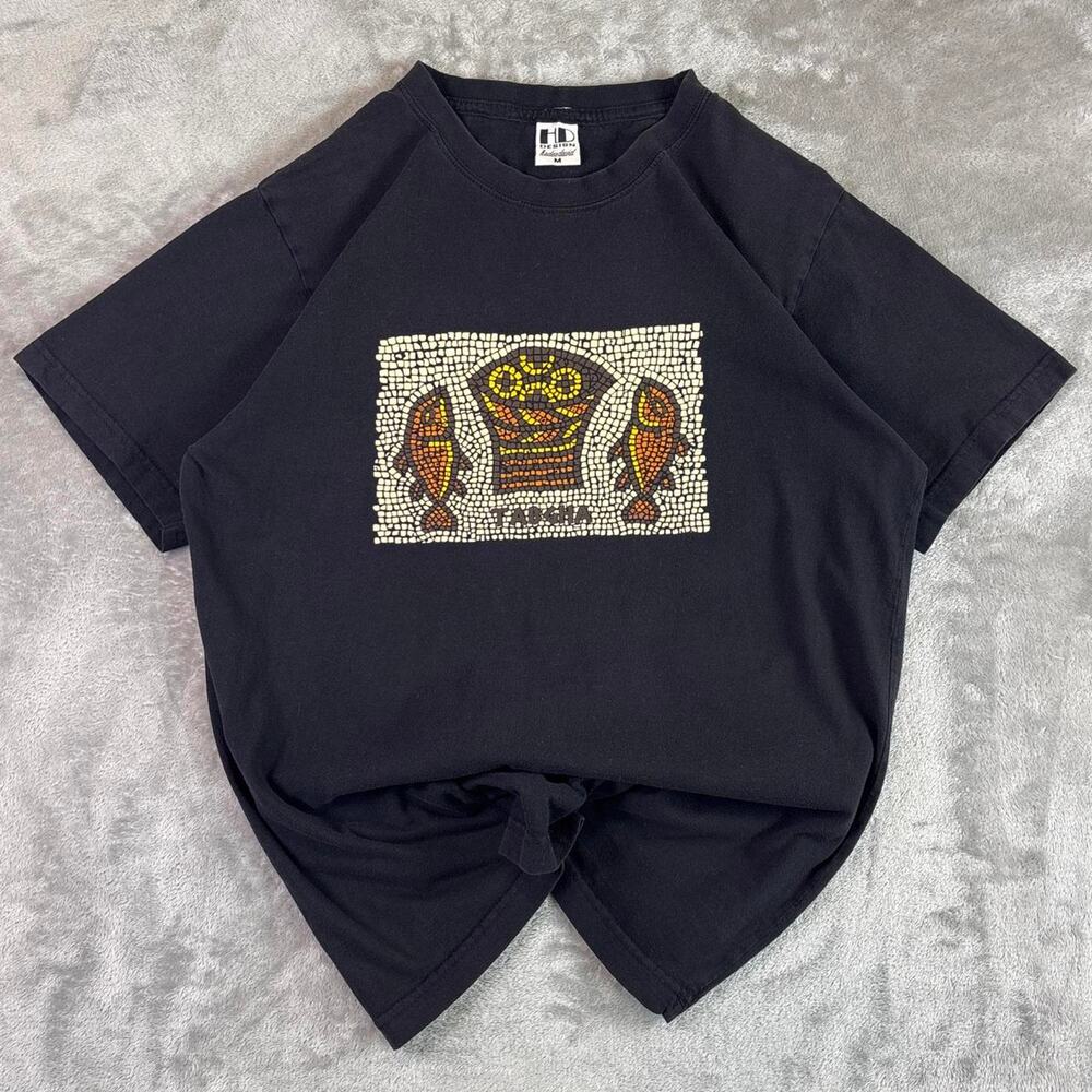 HD Design Mosaic Fishes Tribal Graphic T Shirt Black Cultural Art Tee Medium